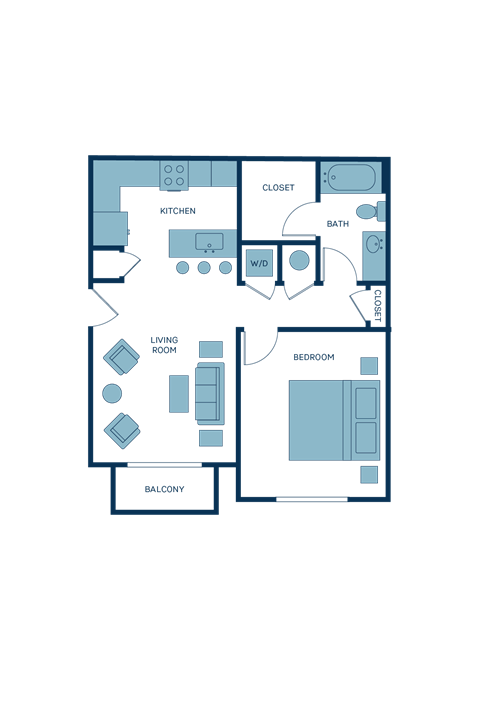 Floor plan for 1 bed, 1 bath, 676 sqft